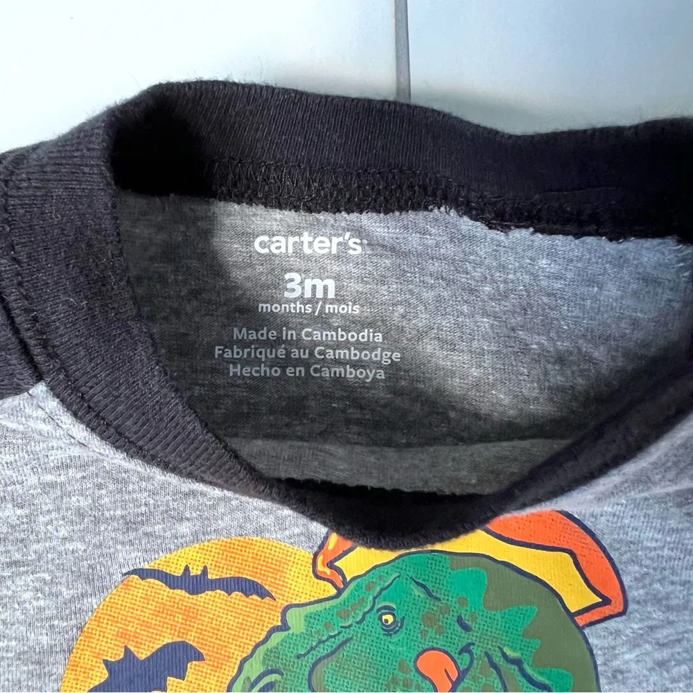 3M🎃🦖 Carter’s Halloween Pumpkin Dinosaur Gray Long Sleeve Baseball Tee Shirt